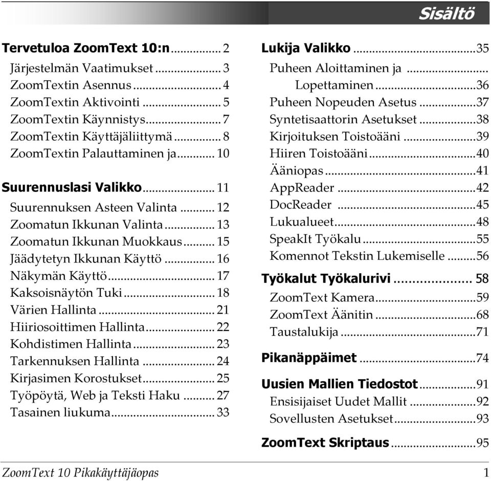 ..40 Ääniopas...41 AppReader...42 DocReader...45 Lukualueet...48 SpeakIt Työkalu...55 Komennot Tekstin Lukemiselle...56 Suurennuslasi Valikko... 11 Suurennuksen Asteen Valinta.