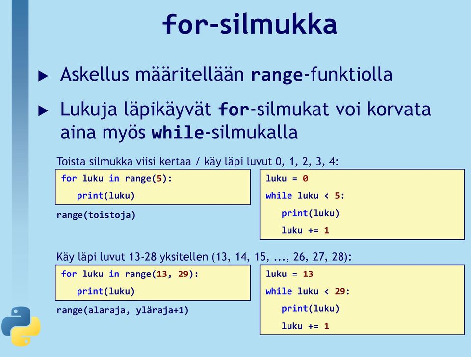 print(luku) while luku < 5: range(toistoja) print(luku) luku += 1 Käy läpi luvut 13-28 yksitellen (13, 14, 15,.