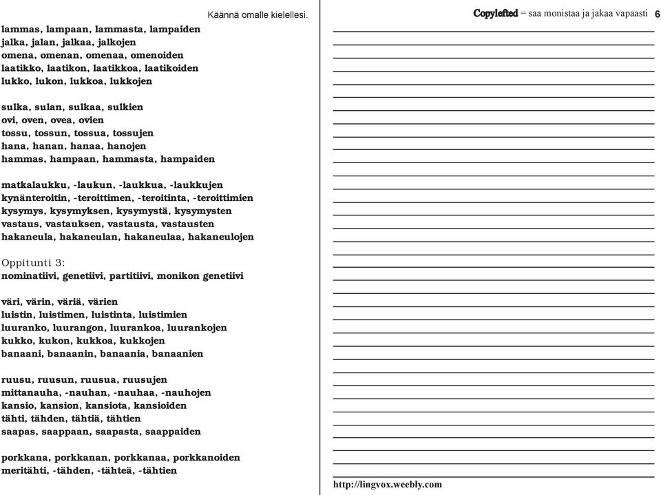 -teroitinta, -teroittimien kysymys, kysymyksen, kysymystä, kysymysten vastaus, vastauksen, vastausta, vastausten hakaneula, hakaneulan, hakaneulaa, hakaneulojen Oppitunti 3: nominatiivi, genetiivi,