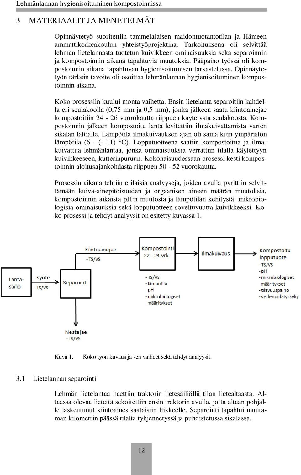 Pääpaino työssä oli kompostoinnin aikana tapahtuvan hygienisoitumisen tarkastelussa. Opinnäytetyön tärkein tavoite oli osoittaa lehmänlannan hygienisoituminen kompostoinnin aikana.