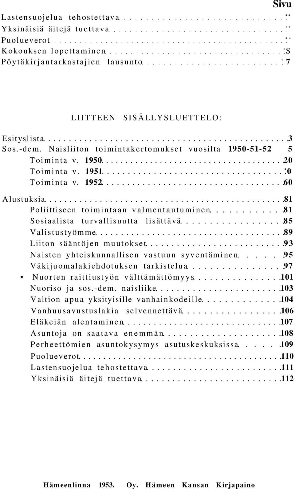 1952 60 Alustuksia 81 Poliittiseen toimintaan valmentautuminen 81 Sosiaalista turvallisuutta lisättävä 85 Valistustyömme 89 Liiton sääntöjen muutokset 93 Naisten yhteiskunnallisen vastuun