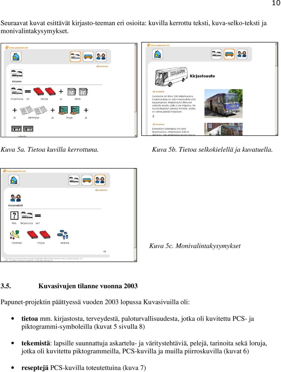 kirjastosta, terveydestä, paloturvallisuudesta, jotka oli kuvitettu PCS- ja piktogrammi-symboleilla (kuvat 5 sivulla 8) tekemistä: lapsille suunnattuja askartelu- ja