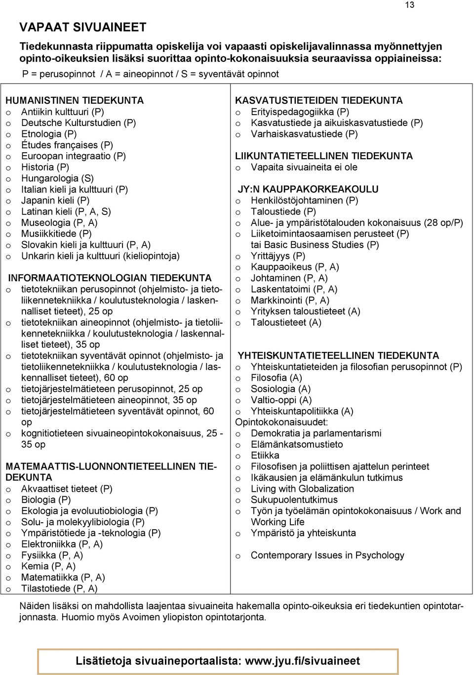 (P) o Historia (P) o Hungarologia (S) o Italian kieli ja kulttuuri (P) o Japanin kieli (P) o Latinan kieli (P, A, S) o Museologia (P, A) o Musiikkitiede (P) o Slovakin kieli ja kulttuuri (P, A) o