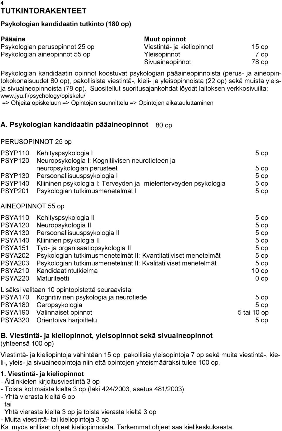 sivuaineopinnoista (78 op). Suositellut suoritusajankohdat löydät laitoksen verkkosivuilta: www.jyu.