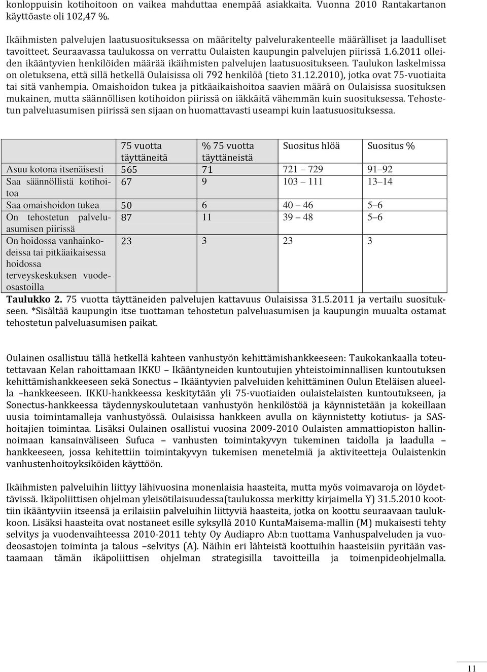 2011 olleiden ikääntyvien henkilöiden määrää ikäihmisten palvelujen laatusuositukseen. Taulukon laskelmissa on oletuksena, että sillä hetkellä Oulaisissa oli 792 henkilöä (tieto 31.12.