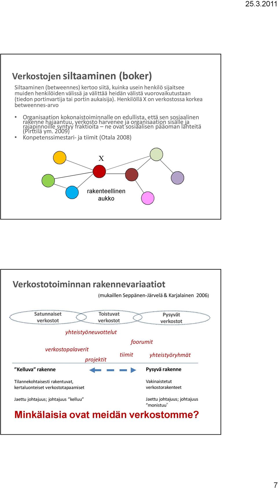 Henkilöllä X on verkostossa korkea betweennes-arvo Organisaation kokonaistoiminnalle on edullista, että sen sosiaalinen rakenne hajaantuu, verkosto harvenee ja organisaation sisälle ja rajapinnoille