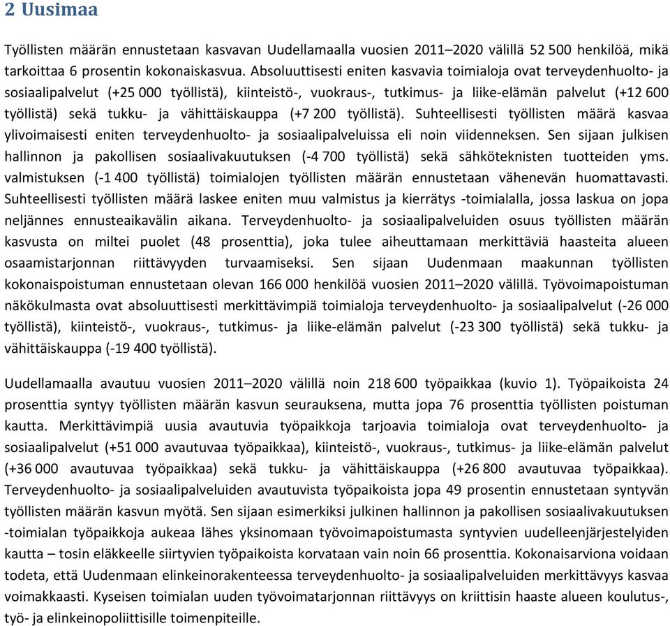 vähittäiskauppa (+7 200 työllistä). Suhteellisesti työllisten määrä kasvaa ylivoimaisesti eniten terveydenhuolto ja sosiaalipalveluissa eli noin viidenneksen.