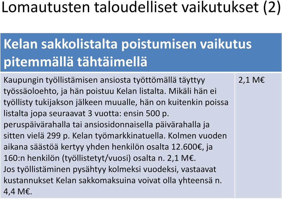 peruspäivärahalla tai ansiosidonnaisella päivärahalla ja sitten vielä 299 p. Kelan työmarkkinatuella. Kolmen vuoden aikana säästöä kertyy yhden henkilön osalta 12.