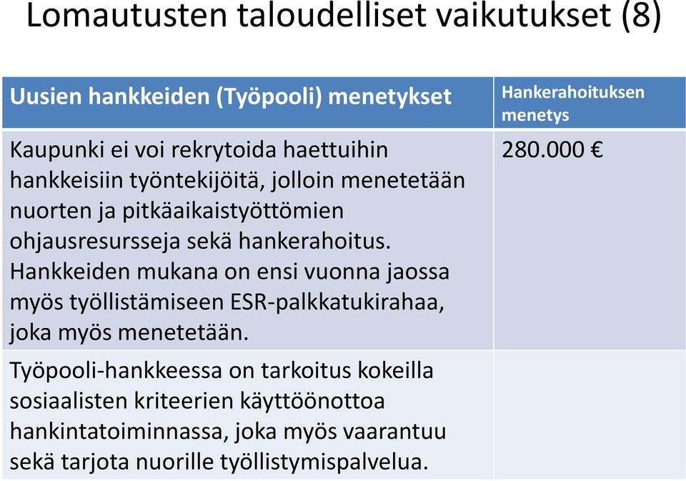 Hankkeiden mukana on ensi vuonna jaossa myös työllistämiseen ESR-palkkatukirahaa, joka myös menetetään.