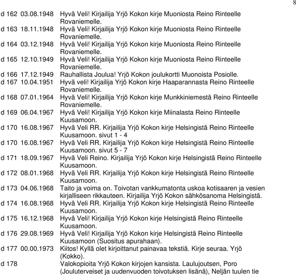 Kirjailija Yrjö Kokon kirje Haaparannasta Reino Rinteelle d 168 07.01.1964 Hyvä Veli! Kirjailija Yrjö Kokon kirje Munkkiniemestä Reino Rinteelle d 169 06.04.1967 Hyvä Veli!