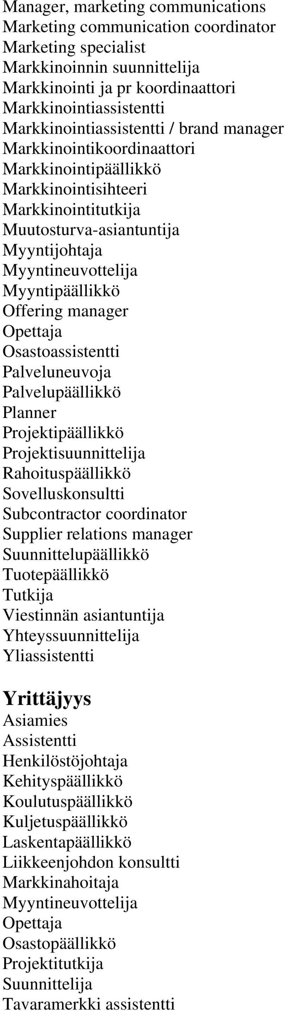 Palveluneuvoja Palvelupäällikkö Planner Projektisuunnittelija Rahoituspäällikkö Sovelluskonsultti Subcontractor coordinator Supplier relations manager Suunnittelupäällikkö Viestinnän asiantuntija