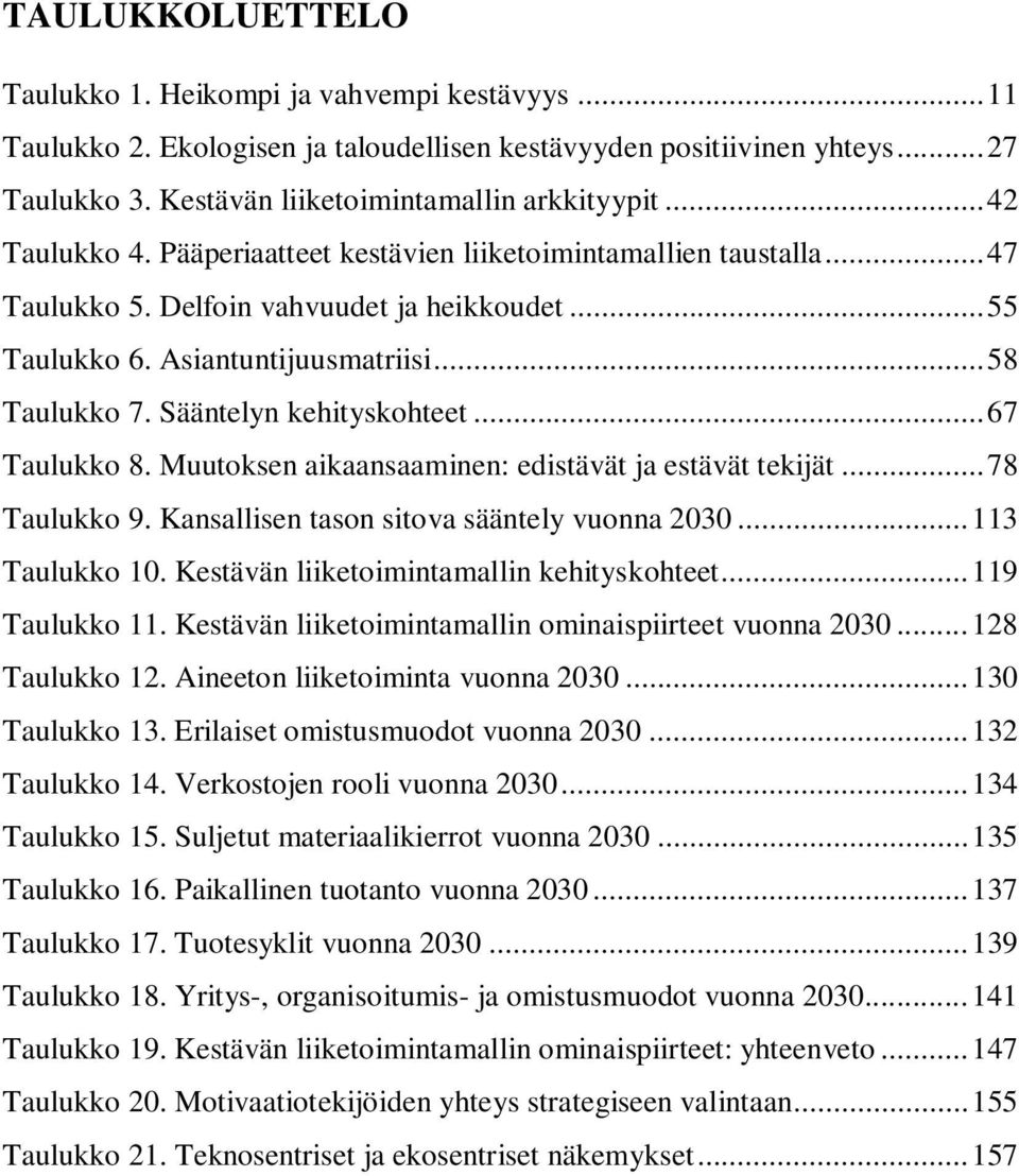 Sääntelyn kehityskohteet... 67 Taulukko 8. Muutoksen aikaansaaminen: edistävät ja estävät tekijät... 78 Taulukko 9. Kansallisen tason sitova sääntely vuonna 2030... 113 Taulukko 10.