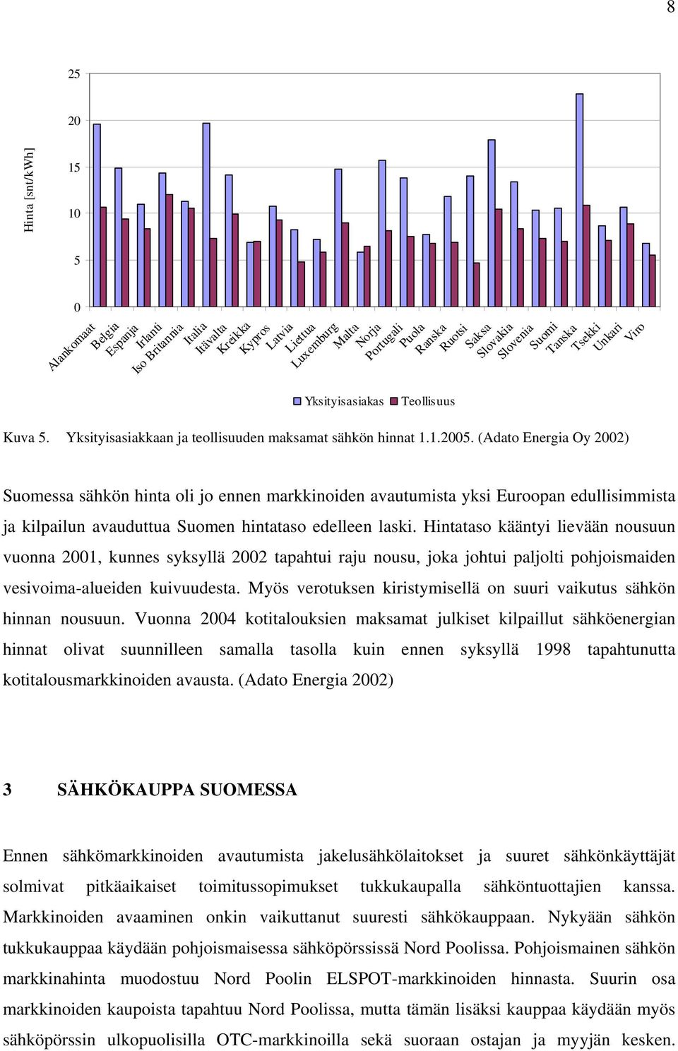 (Adato Energia Oy 2002) Suomessa sähkön hinta oli jo ennen markkinoiden avautumista yksi Euroopan edullisimmista ja kilpailun avauduttua Suomen hintataso edelleen laski.