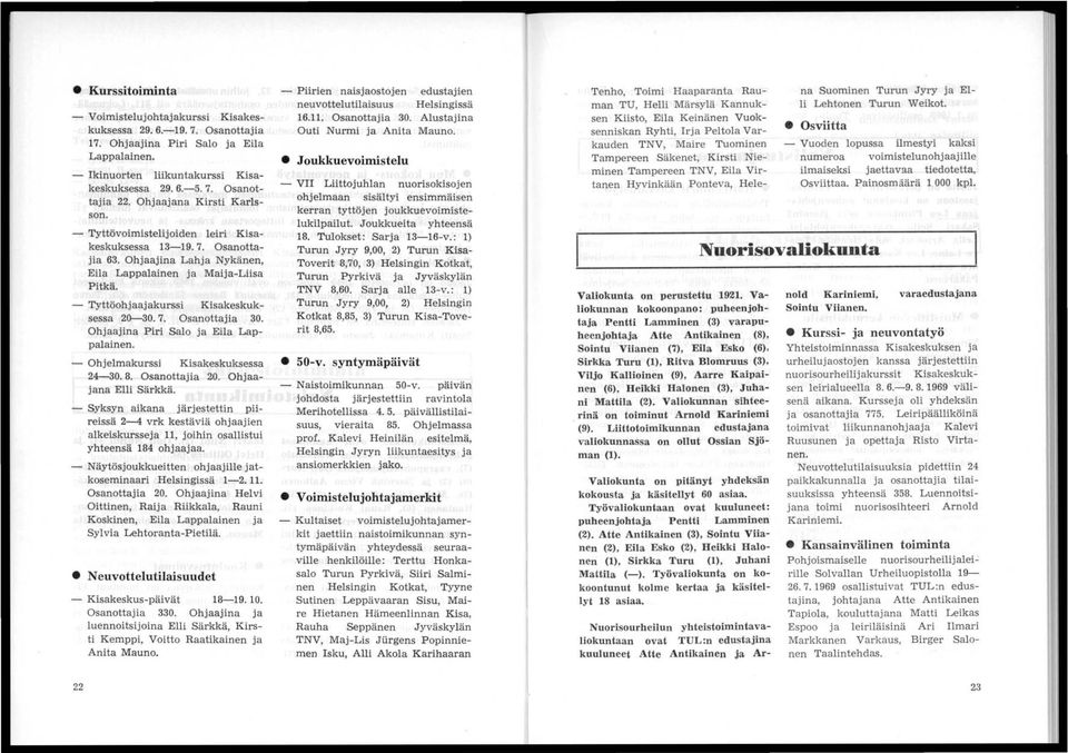 - Tyttöohjaajakurssi Kisakeskuksessa 20-30. 7. Osanottajia 30. Ohjaajina Piri Salo ja Eila Lappalainen. - Ohjelmakurssi Kisakeskuksessa 24-30. 8. Osanottajia 20. Ohjaajana Elli Särkkä.