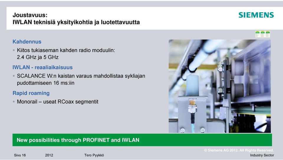 Medienredundanz Erweiterbarkeit Robustheit/Stabilität Schneller Hochlauf Joustavuus: IWLAN teknisiä yksityikohtia ja luotettavuutta Kahdennus Kiitos tukiaseman kahden radio moduulin: 2.