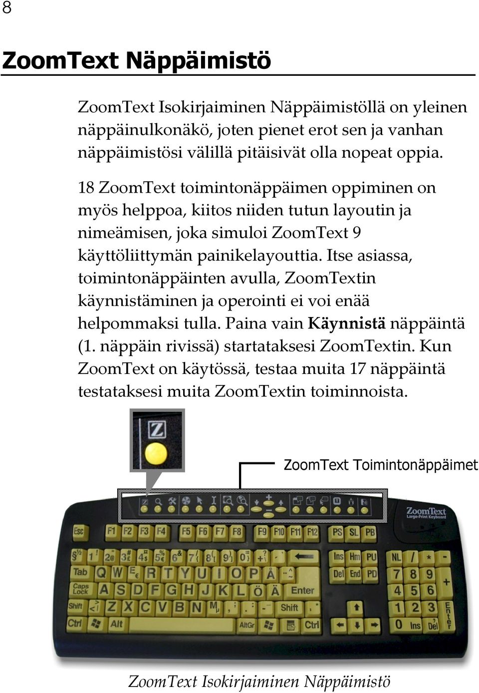 Itse asiassa, toimintonäppäinten avulla, ZoomTextin käynnistäminen ja operointi ei voi enää helpommaksi tulla. Paina vain Käynnistä näppäintä (1.