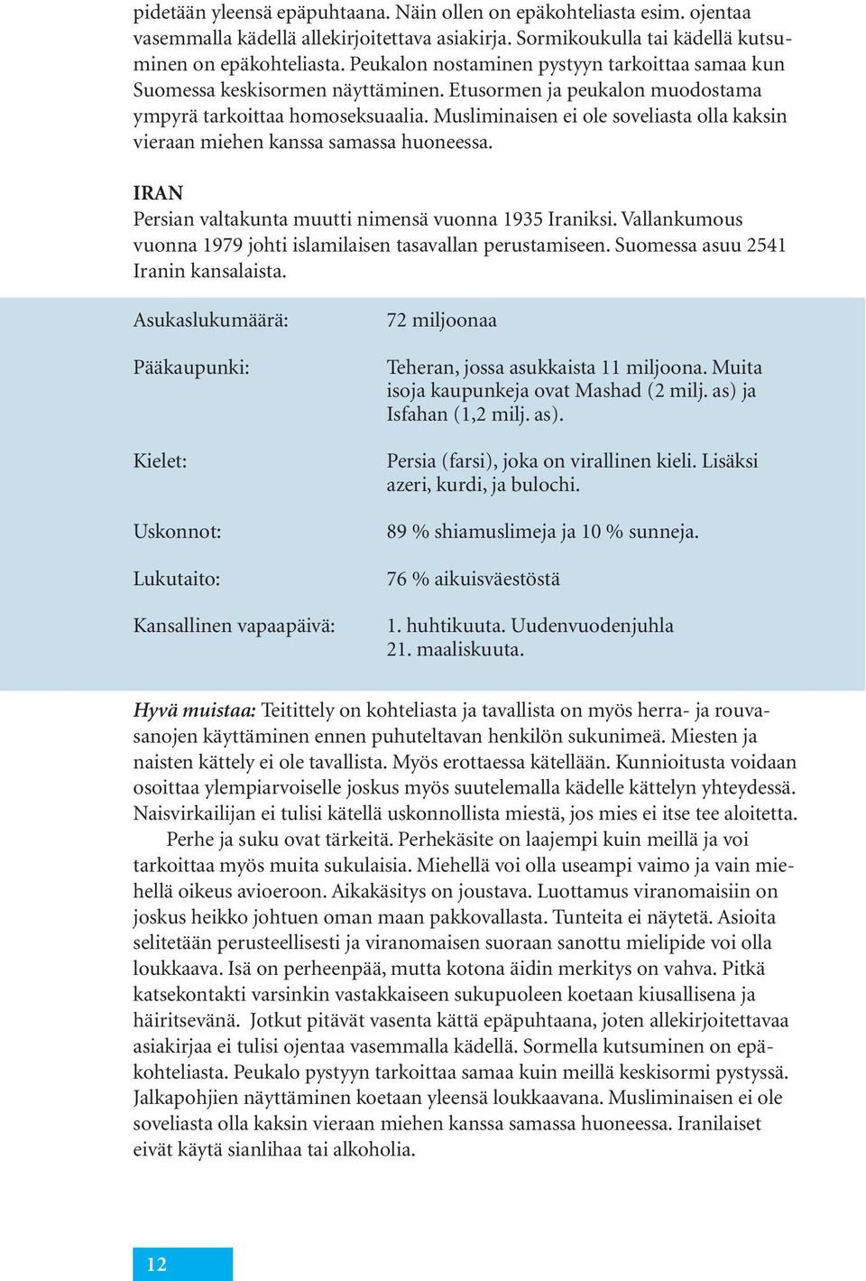 Musliminaisen ei ole soveliasta olla kaksin vieraan miehen kanssa samassa huoneessa. IRAN Persian valtakunta muutti nimensä vuonna 1935 Iraniksi.