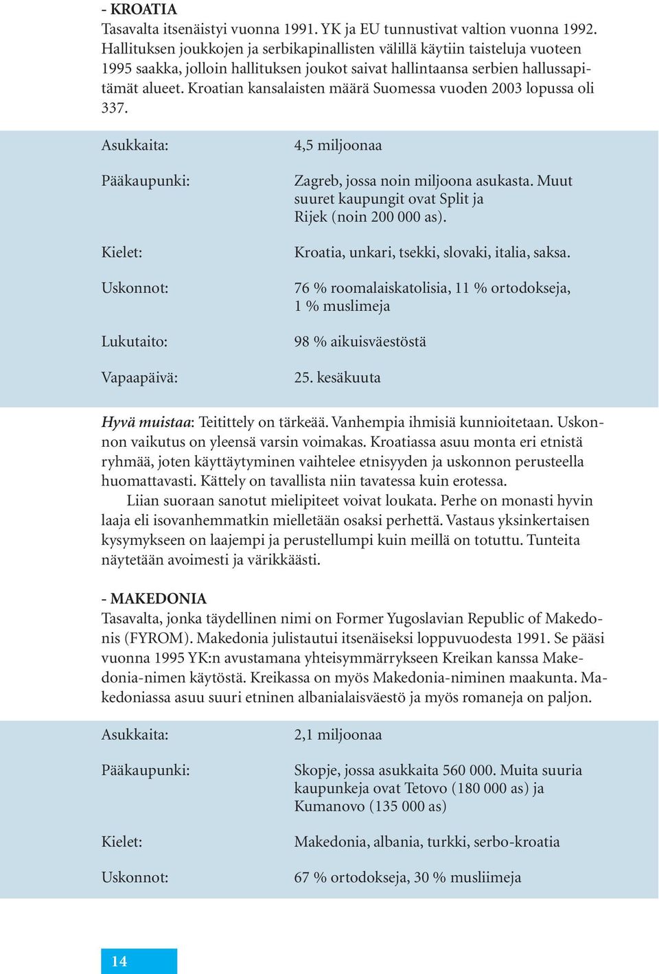 Kroatian kansalaisten määrä Suomessa vuoden 2003 lopussa oli 337. Asukkaita: Pääkaupunki: Kielet: Uskonnot: Lukutaito: Vapaapäivä: 4,5 miljoonaa Zagreb, jossa noin miljoona asukasta.