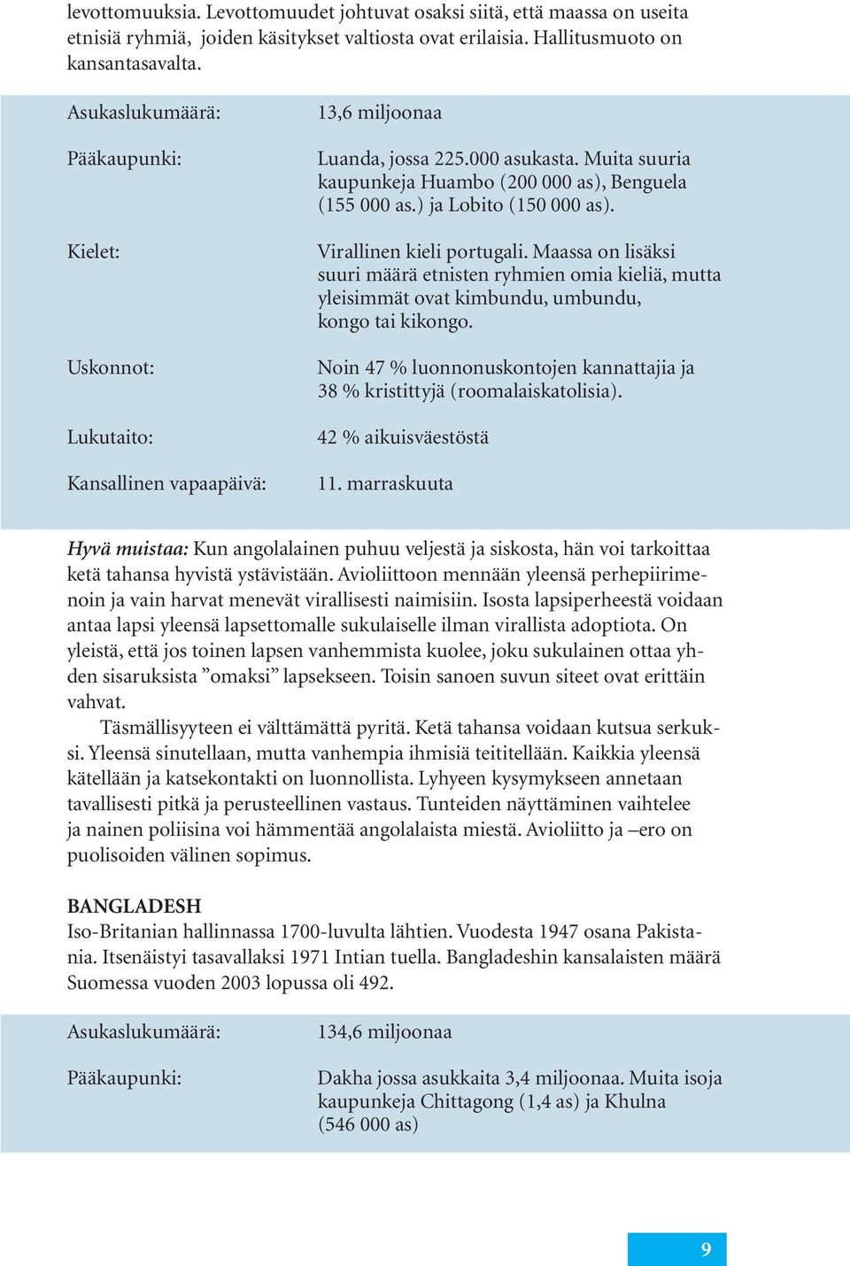 ) ja Lobito (150 000 as). Virallinen kieli portugali. Maassa on lisäksi suuri määrä etnisten ryhmien omia kieliä, mutta yleisimmät ovat kimbundu, umbundu, kongo tai kikongo.