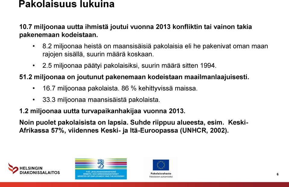 5 miljoonaa päätyi pakolaisiksi, suurin määrä sitten 1994. 51.2 miljoonaa on joutunut pakenemaan kodeistaan maailmanlaajuisesti. 16.7 miljoonaa pakolaista.