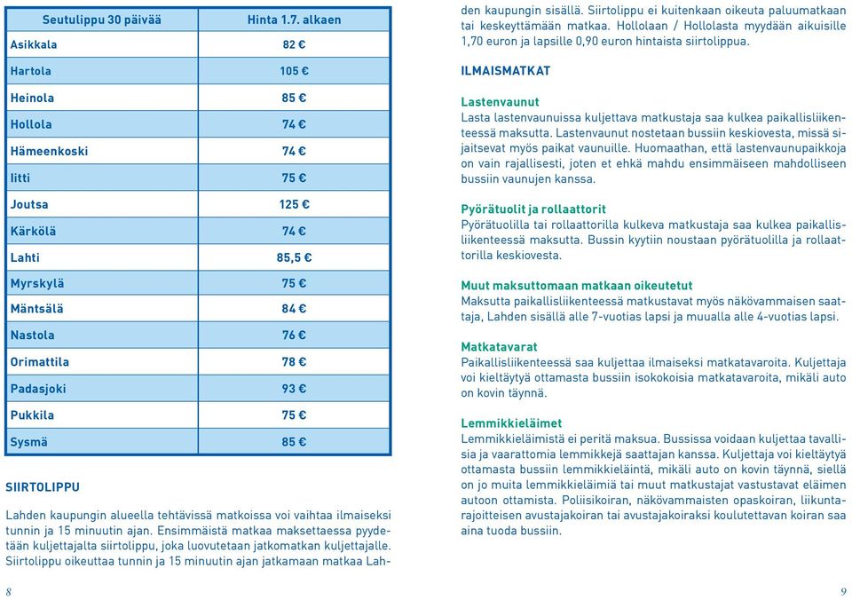 kaupungin alueella tehtävissä matkoissa voi vaihtaa ilmaiseksi tunnin ja 15 minuutin ajan.