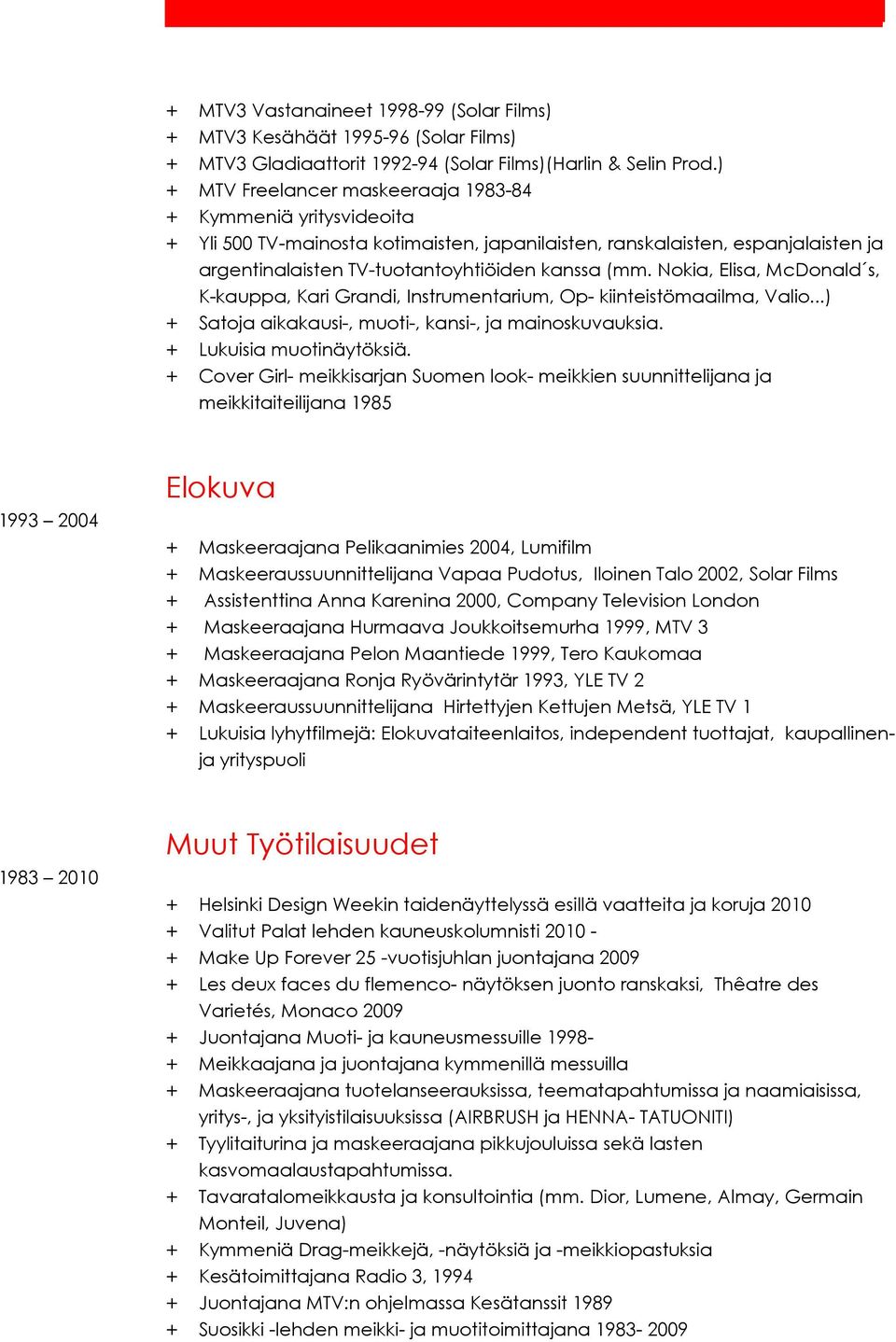 Nokia, Elisa, McDonald s, K-kauppa, Kari Grandi, Instrumentarium, Op- kiinteistömaailma, Valio...) + Satoja aikakausi-, muoti-, kansi-, ja mainoskuvauksia. + Lukuisia muotinäytöksiä.