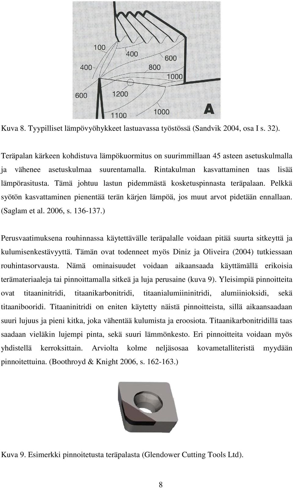 Tämä johtuu lastun pidemmästä kosketuspinnasta teräpalaan. Pelkkä syötön kasvattaminen pienentää terän kärjen lämpöä, jos muut arvot pidetään ennallaan. (Saglam et al. 2006, s. 136-137.