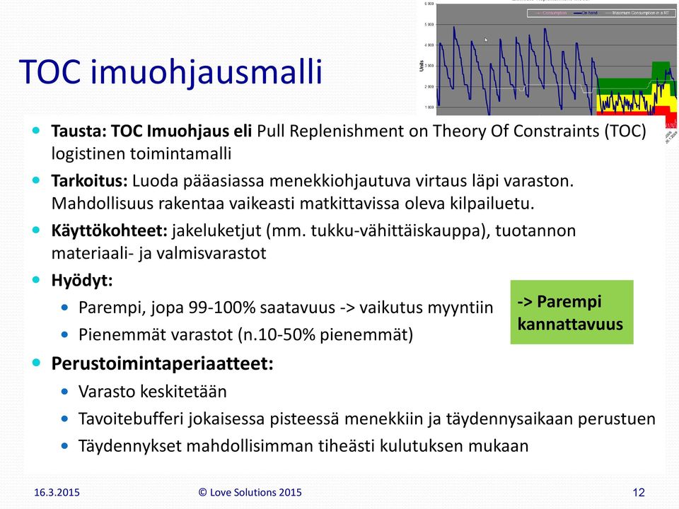 tukku-vähittäiskauppa), tuotannon materiaali- ja valmisvarastot Hyödyt: Parempi, jopa 99-100% saatavuus -> vaikutus myyntiin Pienemmät varastot (n.