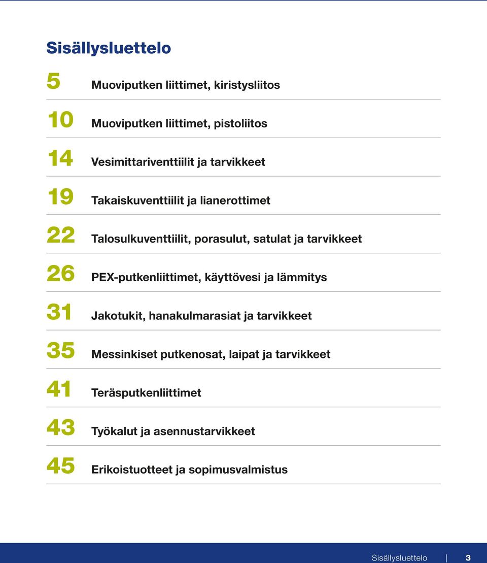 PEX-putkenliittimet, käyttövesi ja lämmitys 31 Jakotukit, hanakulmarasiat ja tarvikkeet 35 Messinkiset putkenosat,