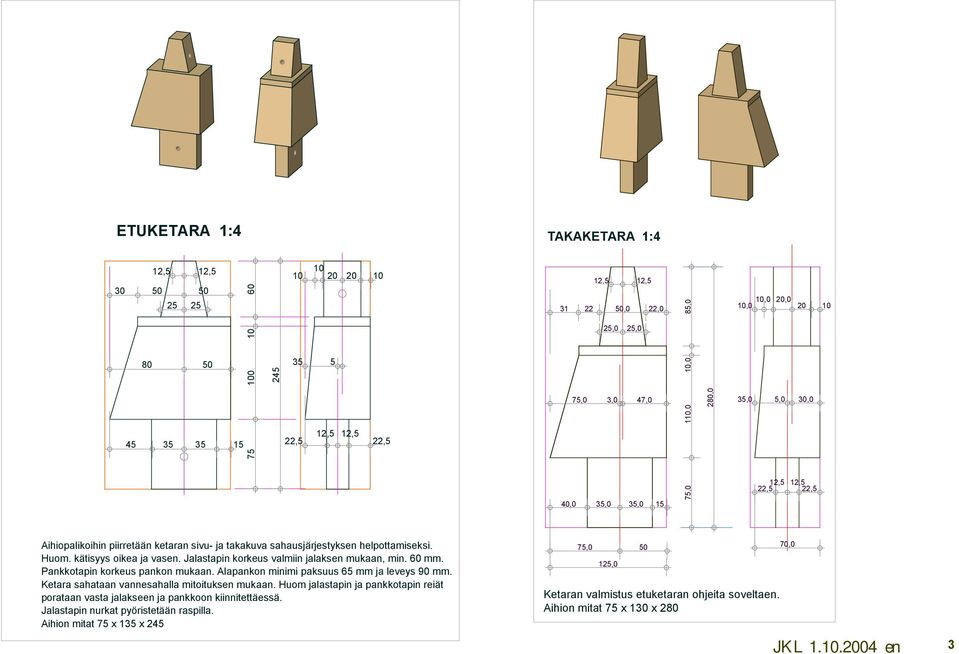 kätisyys oikea ja vasen. Jalastapin korkeus valmiin jalaksen mukaan, min. 60 mm. Pankkotapin korkeus pankon mukaan. Alapankon minimi paksuus 65 mm ja leveys 90 mm.