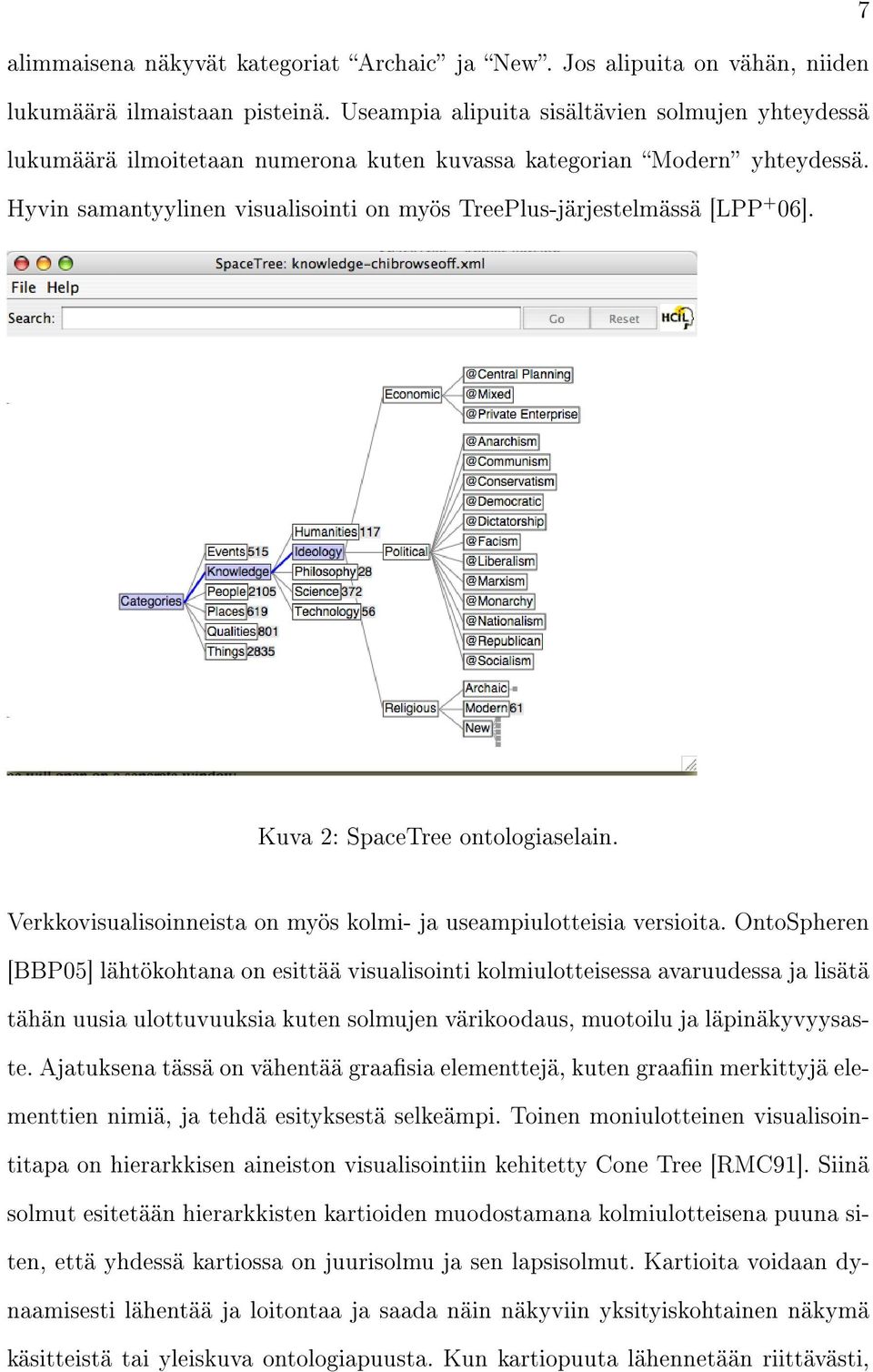 Hyvin samantyylinen visualisointi on myös TreePlus-järjestelmässä [LPP + 06]. Kuva 2: SpaceTree ontologiaselain. Verkkovisualisoinneista on myös kolmi- ja useampiulotteisia versioita.