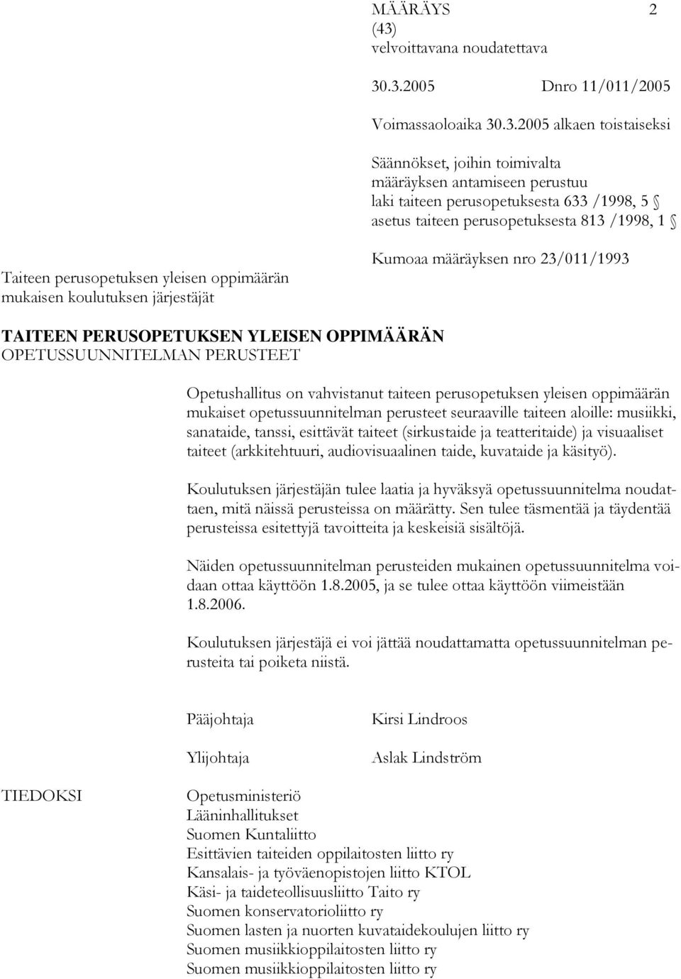 .3.2005 Dnro 11/011/2005 Voimassaoloaika 30.3.2005 alkaen toistaiseksi Säännökset, joihin toimivalta määräyksen antamiseen perustuu laki taiteen perusopetuksesta 633 /1998, 5 asetus taiteen