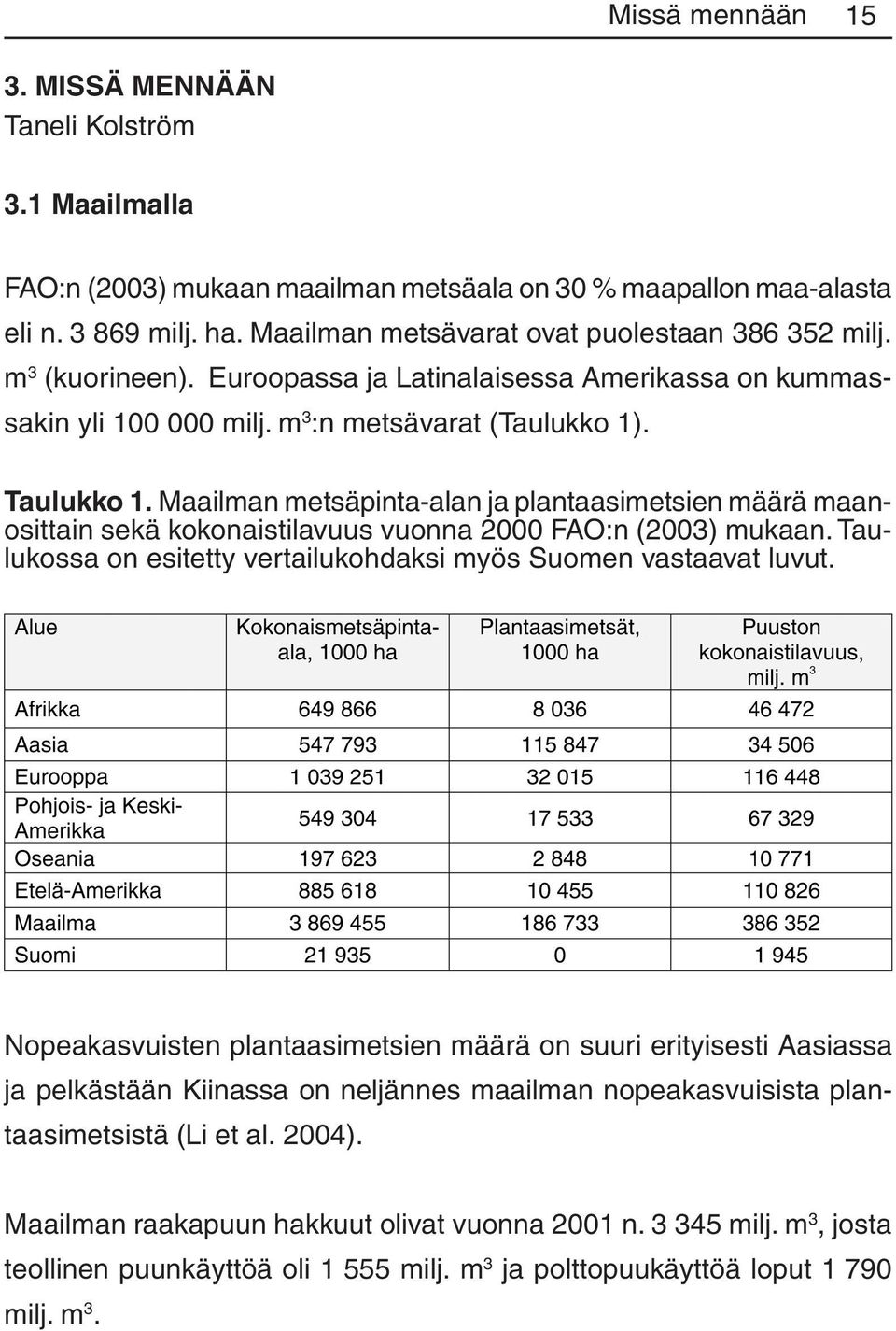 Maailman metsäpinta-alan ja plantaasimetsien määrä maanosittain sekä kokonaistilavuus vuonna 2000 FAO:n (2003) mukaan. Taulukossa on esitetty vertailukohdaksi myös Suomen vastaavat luvut.