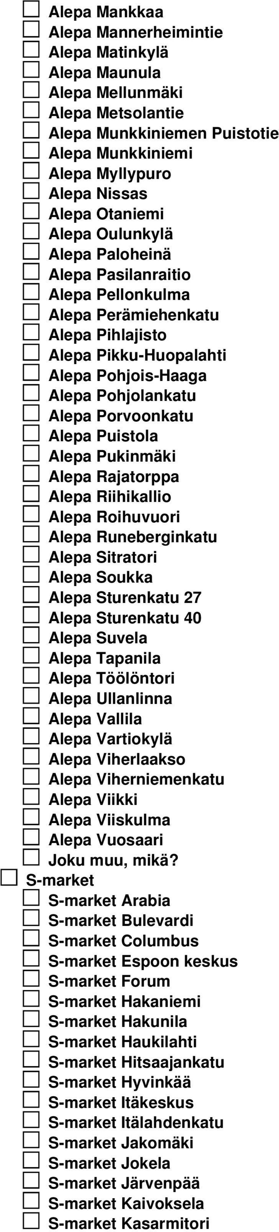 Alepa Pukinmäki Alepa Rajatorppa Alepa Riihikallio Alepa Roihuvuori Alepa Runeberginkatu Alepa Sitratori Alepa Soukka Alepa Sturenkatu 27 Alepa Sturenkatu 40 Alepa Suvela Alepa Tapanila Alepa