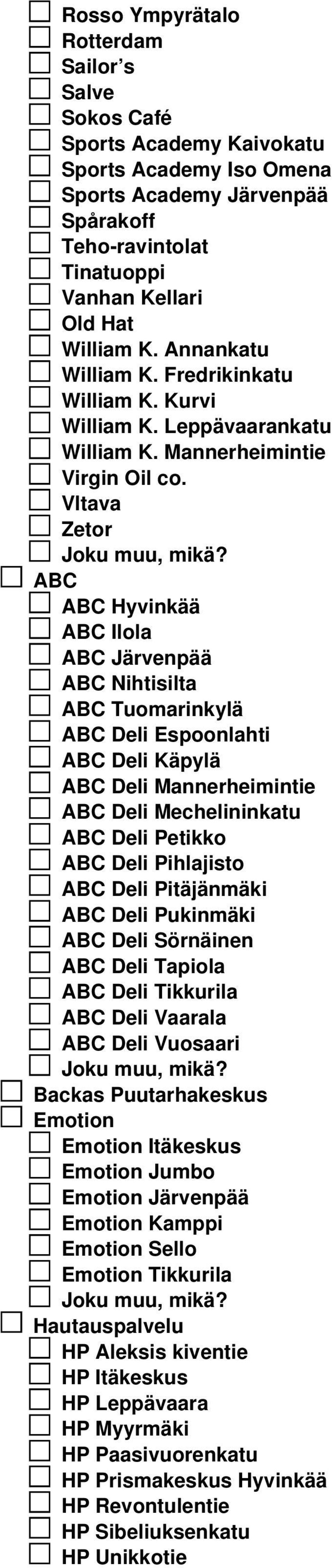 Vltava Zetor ABC ABC Hyvinkää ABC Ilola ABC Järvenpää ABC Nihtisilta ABC Tuomarinkylä ABC Deli Espoonlahti ABC Deli Käpylä ABC Deli Mannerheimintie ABC Deli Mechelininkatu ABC Deli Petikko ABC Deli