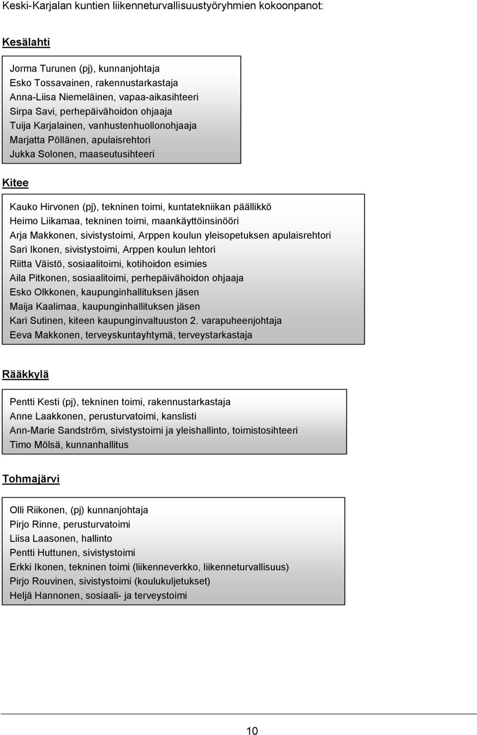 päällikkö Heimo Liikamaa, tekninen toimi, maankäyttöinsinööri Arja Makkonen, sivistystoimi, Arppen koulun yleisopetuksen apulaisrehtori Sari Ikonen, sivistystoimi, Arppen koulun lehtori Riitta