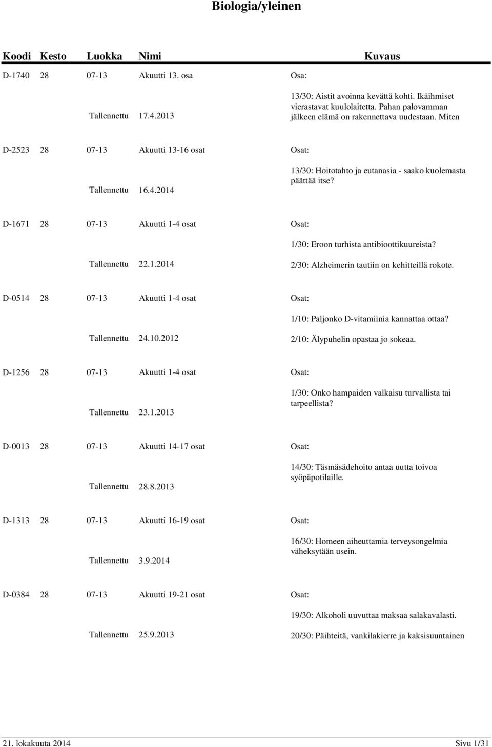 D-1671 28 07-13 Akuutti 1-4 osat Osat: 1/30: Eroon turhista antibioottikuureista? 22.1.2014 2/30: Alzheimerin tautiin on kehitteillä rokote.