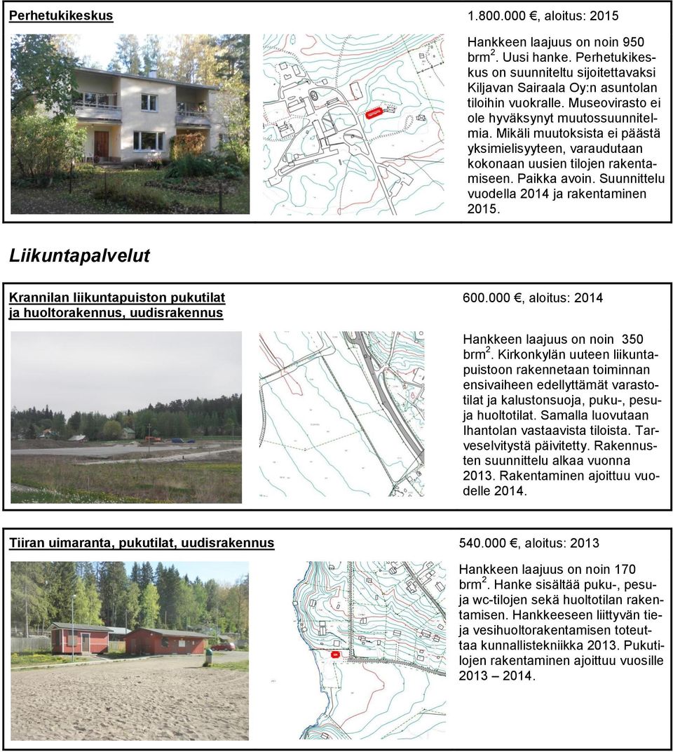 Suunnittelu vuodella 2014 ja rakentaminen 2015. Liikuntapalvelut Krannilan liikuntapuiston pukutilat ja huoltorakennus, uudisrakennus 600.000, aloitus: 2014 Hankkeen laajuus on noin 350 brm 2.