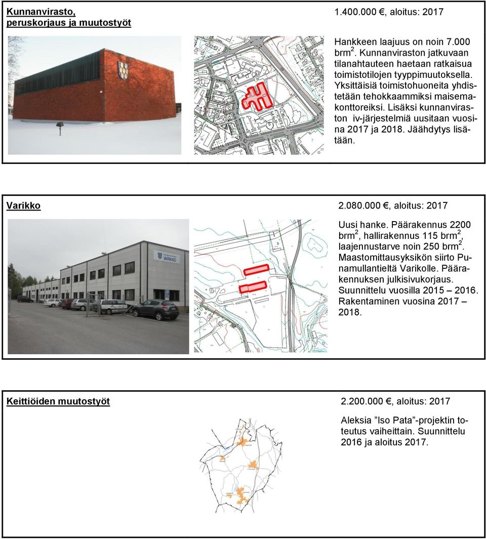 Lisäksi kunnanviraston iv-järjestelmiä uusitaan vuosina 2017 ja 2018. Jäähdytys lisätään. Varikko 2.080.000, aloitus: 2017 Uusi hanke.