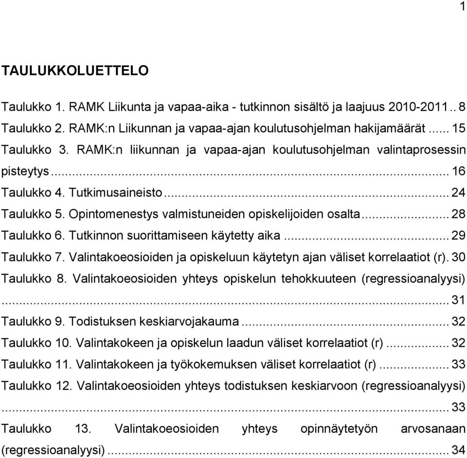 Tutkinnon suorittamiseen käytetty aika... 29 Taulukko 7. Valintakoeosioiden ja opiskeluun käytetyn ajan väliset korrelaatiot (r). 30 Taulukko 8.