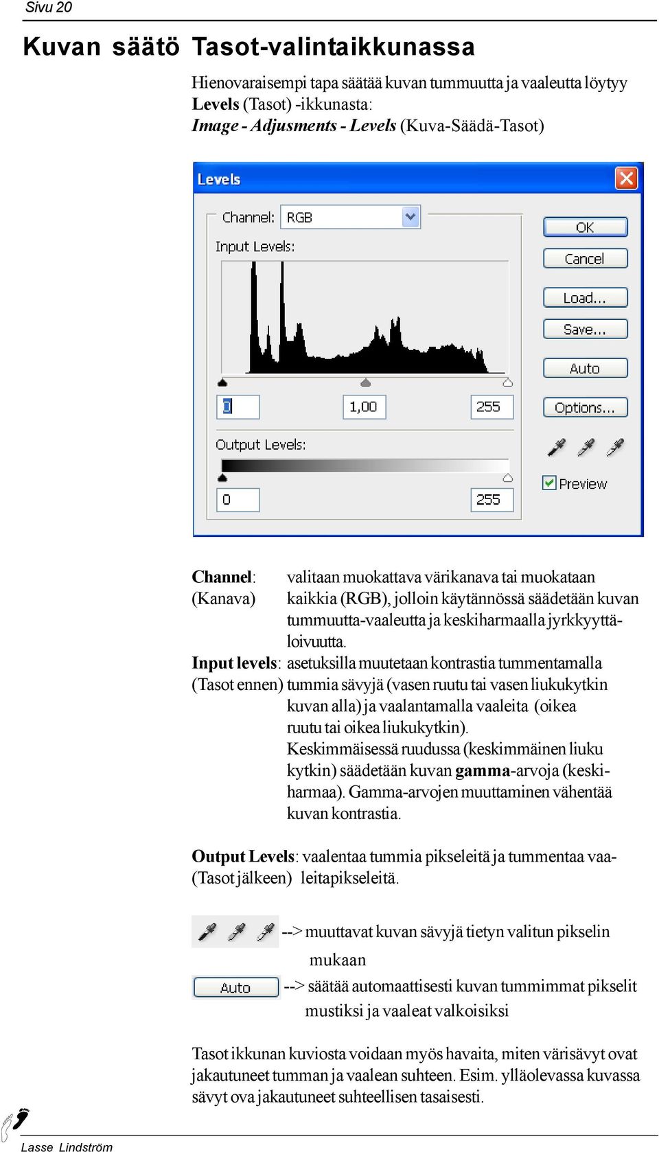 Input levels: asetuksilla muutetaan kontrastia tummentamalla (Tasot ennen) tummia sävyjä (vasen ruutu tai vasen liukukytkin kuvan alla) ja vaalantamalla vaaleita (oikea ruutu tai oikea liukukytkin).