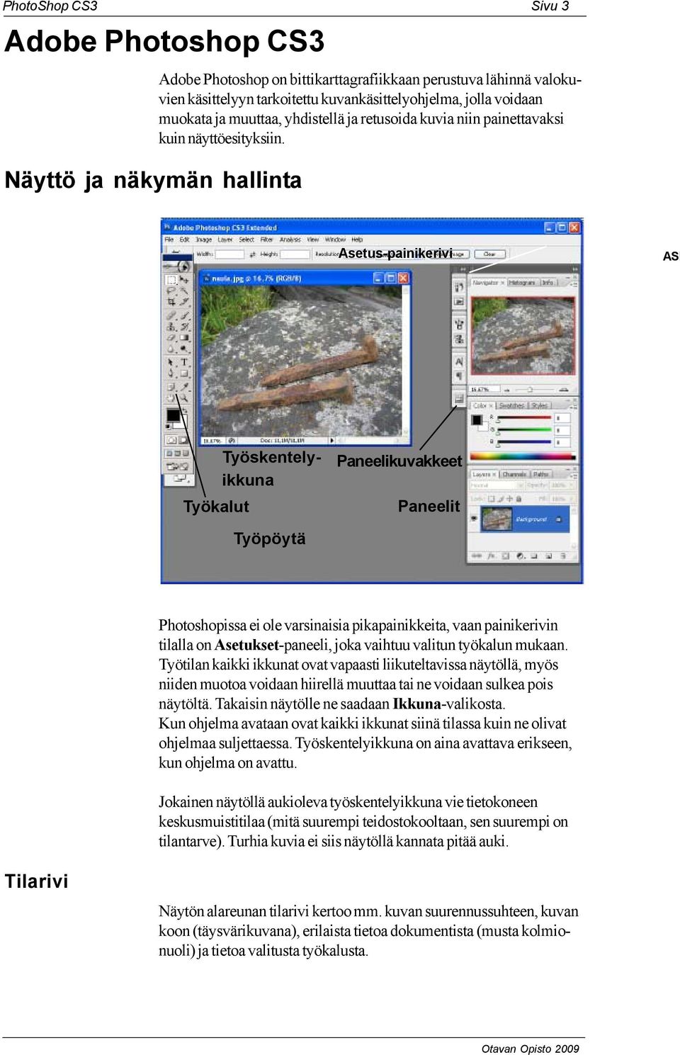 PALETIT Asetus-painikerivi ASE Työskentelyikkuna Työkalut Paneelikuvakkeet Paneelit Työpöytä Photoshopissa ei ole varsinaisia pikapainikkeita, vaan painikerivin tilalla on Asetukset-paneeli, joka