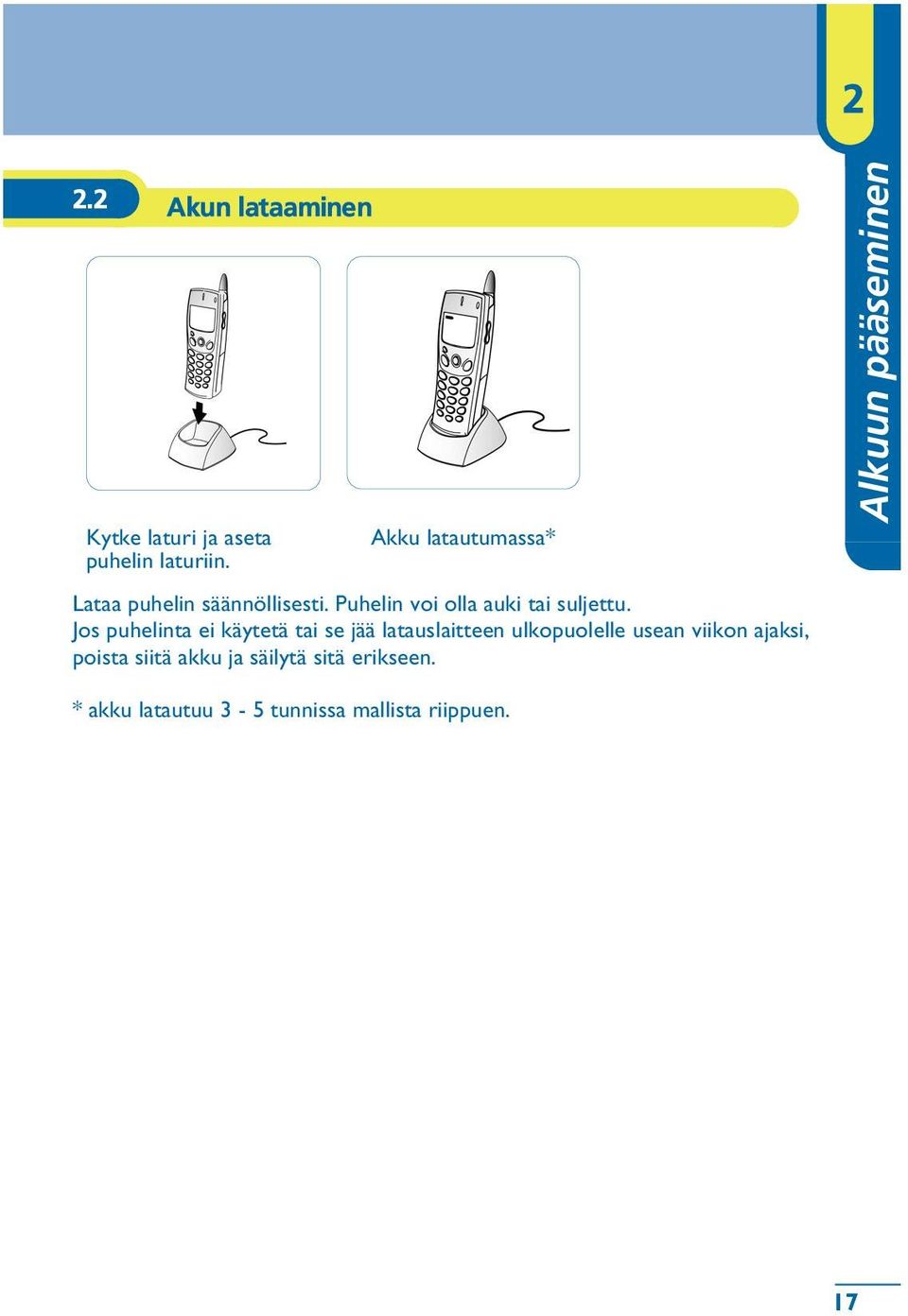 Jos puhelinta ei käytetä tai se jää latauslaitteen ulkopuolelle usean viikon ajaksi,