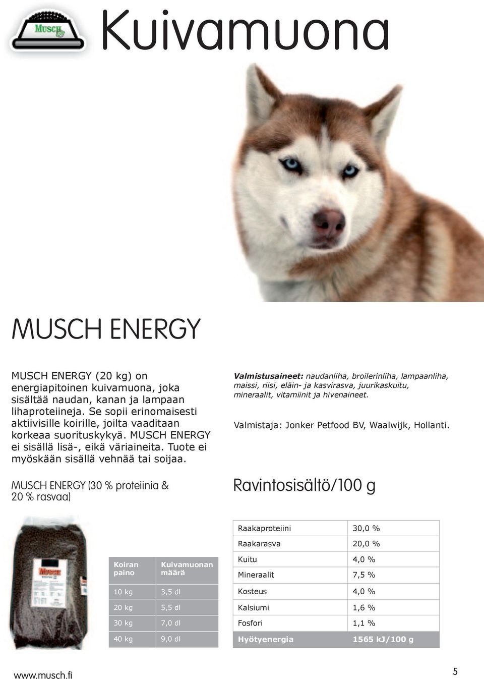 MUSCH ENERGY (30 % proteiinia & 20 % rasvaa) Valmistusaineet: naudanliha, broilerinliha, lampaanliha, maissi, riisi, eläin- ja kasvirasva, juurikaskuitu, mineraalit, vitamiinit ja hivenaineet.