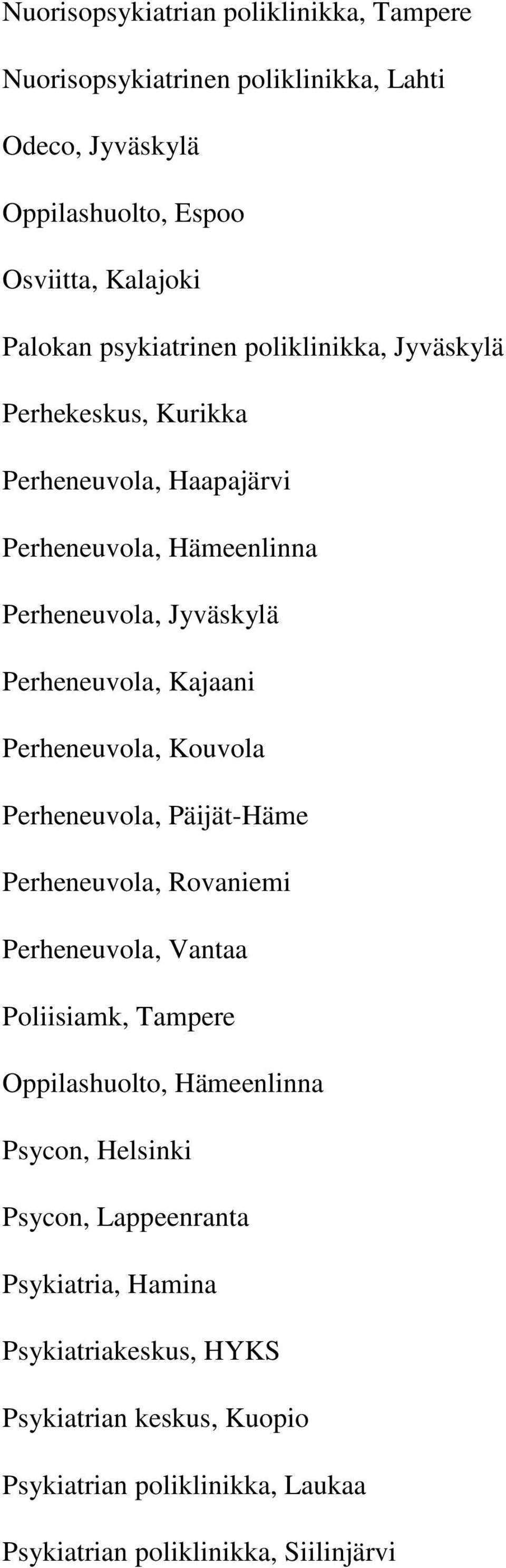 Perheneuvola, Kouvola Perheneuvola, Päijät-Häme Perheneuvola, Rovaniemi Perheneuvola, Vantaa Poliisiamk, Tampere Oppilashuolto, Hämeenlinna Psycon,