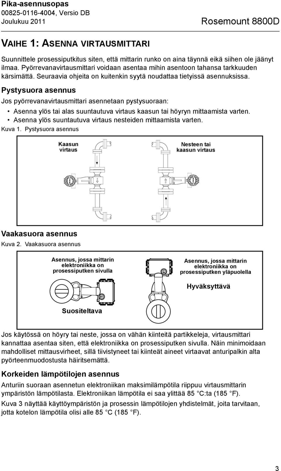 Pystysuora asennus Jos pyörrevanavirtausmittari asennetaan pystysuoraan: Asenna ylös tai alas suuntautuva virtaus kaasun tai höyryn mittaamista varten.