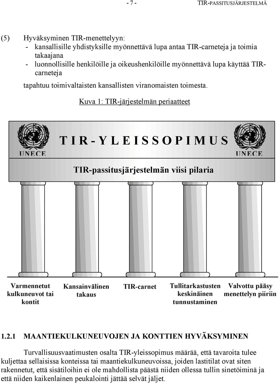 Kuva 1: TIR-järjestelmän periaatteet UNECE T I R - Y L E I S S O P I M U S TIR-passitusjärjestelmän viisi pilaria UNECE Varmennetut kulkuneuvot tai kontit Kansainvälinen takaus TIR-carnet