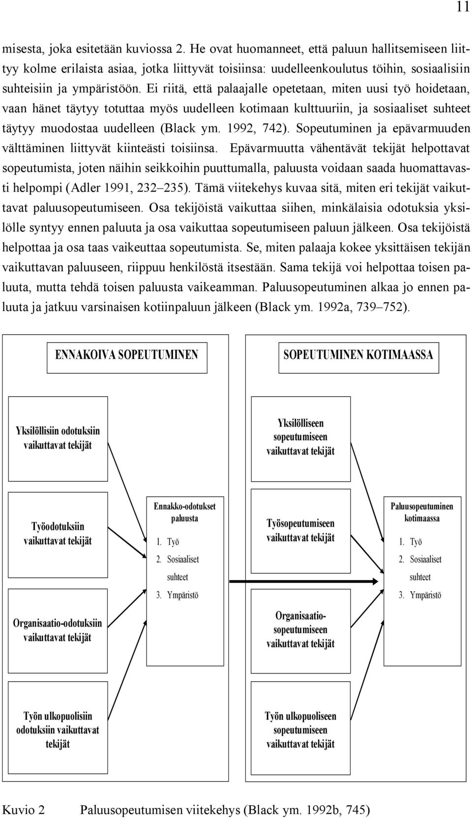 Ei riitä, että palaajalle opetetaan, miten uusi työ hoidetaan, vaan hänet täytyy totuttaa myös uudelleen kotimaan kulttuuriin, ja sosiaaliset suhteet täytyy muodostaa uudelleen (Black ym. 1992, 742).