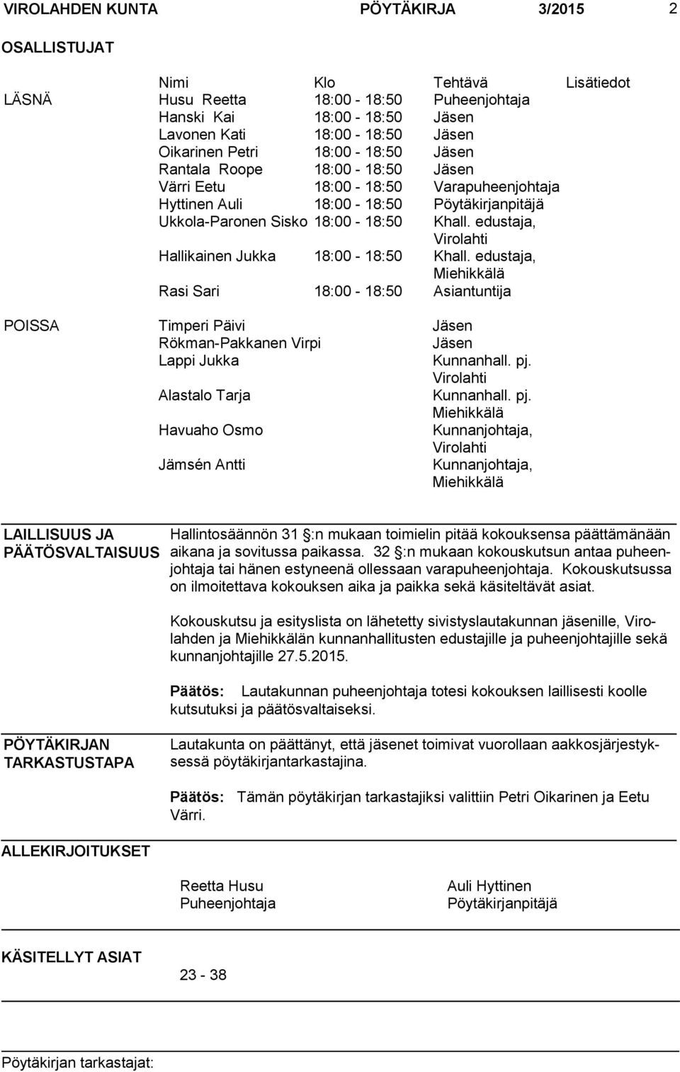 edustaja, Virolahti Hallikainen Jukka 18:00-18:50 Khall. edustaja, Miehikkälä Rasi Sari 18:00-18:50 Asiantuntija POISSA Timperi Päivi Jäsen Rökman-Pakkanen Virpi Jäsen Lappi Jukka Kunnanhall. pj.