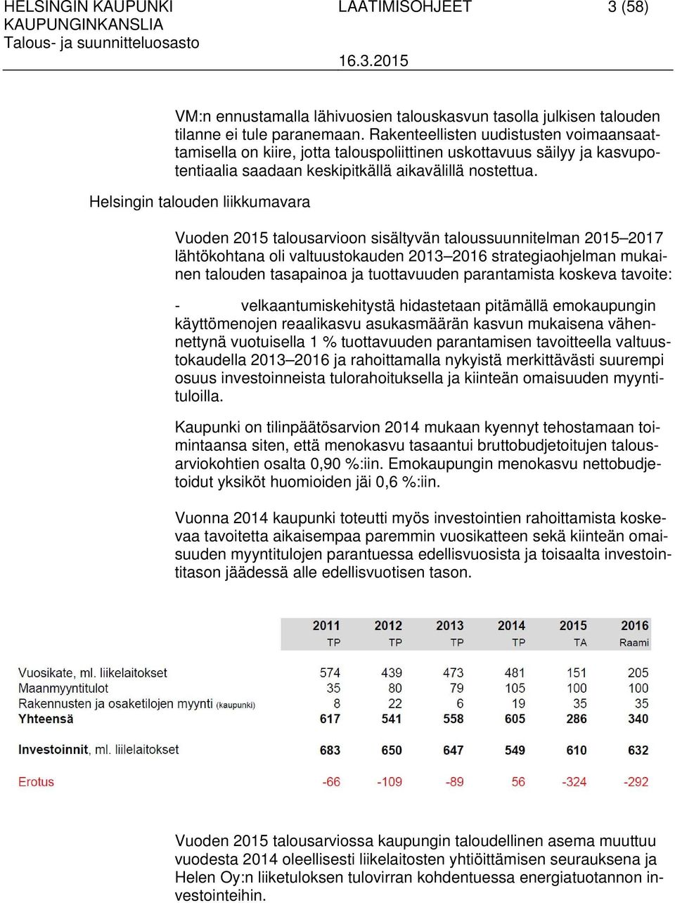 Helsingin talouden liikkumavara Vuoden 2015 talousarvioon sisältyvän taloussuunnitelman 2015 2017 lähtökohtana oli valtuustokauden 2013 2016 strategiaohjelman mukainen talouden tasapainoa ja